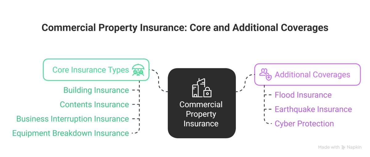 Infographic showing core and additional types of commercial property insurance, organized into two color-coded categories branching from a central icon. Ask ChatGPT
